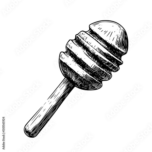 Engraved illustration of a wooden honey dipper with a rounded head and spiral grooves on a stick