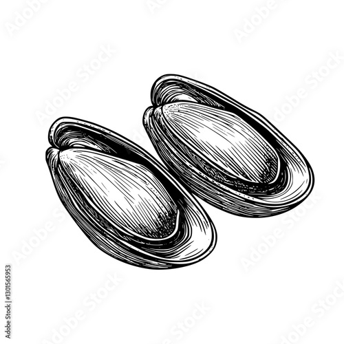 Engraved vector illustration of clam shells showcasing intricate details and textures