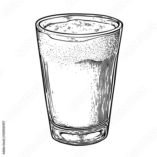Engraved illustration of a refreshing beverage in a clear glass with foam on top, perfect for warm days and casual gatherings