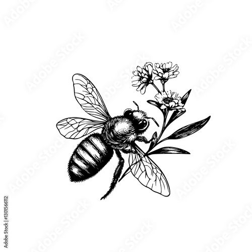 Engraved illustration of a bee collecting nectar from flowers during springtime