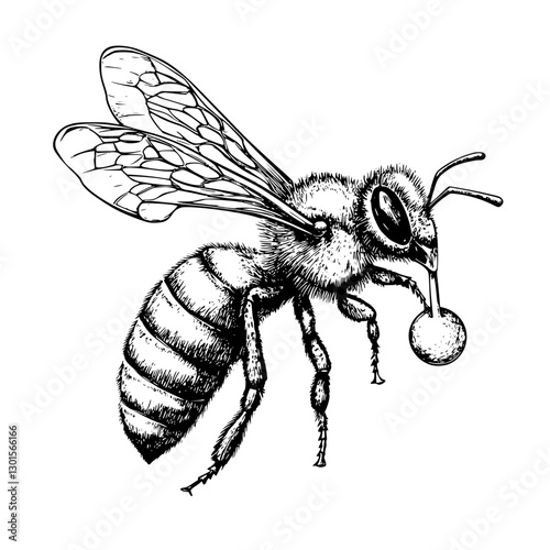 Engraved illustration of a bee collecting pollen in a detailed vector design showcasing nature's essential pollinator