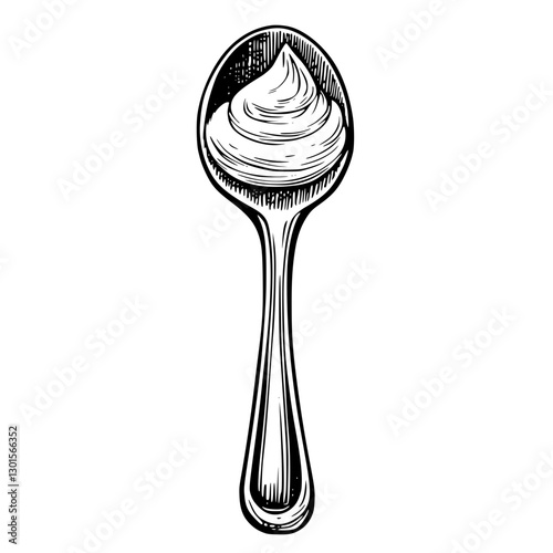 Engraved illustration of a detailed spoon with cream or whipped topping in an elegant design