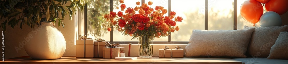 Fototapeta premium Home celebration with orange flowers gift boxes and balloons creating a joyful atmosphere. Generative AI