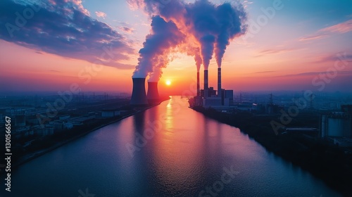 Sunset Over City Skyline With Smokestacks Reflecting in the Water During Even...