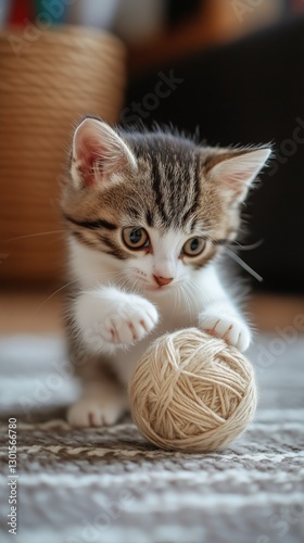 Playful Kitten Engages With Yarn Ball in Cozy Indoor Setting