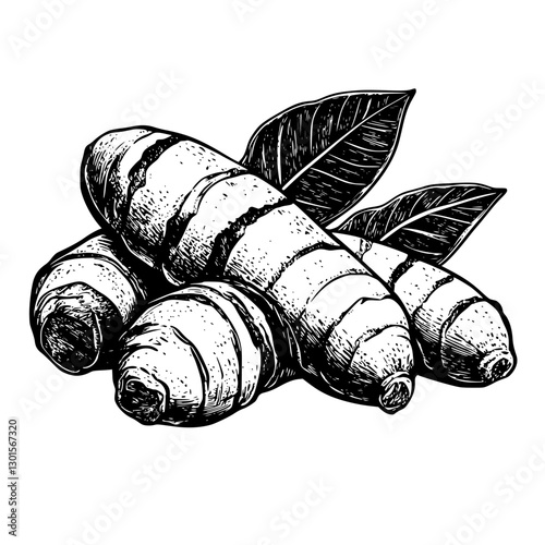 Engraved illustration of fresh turmeric roots with leaves showcasing their natural texture and form