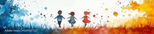 Two kids walking through a colorful abstract watercolor background. Generative AI