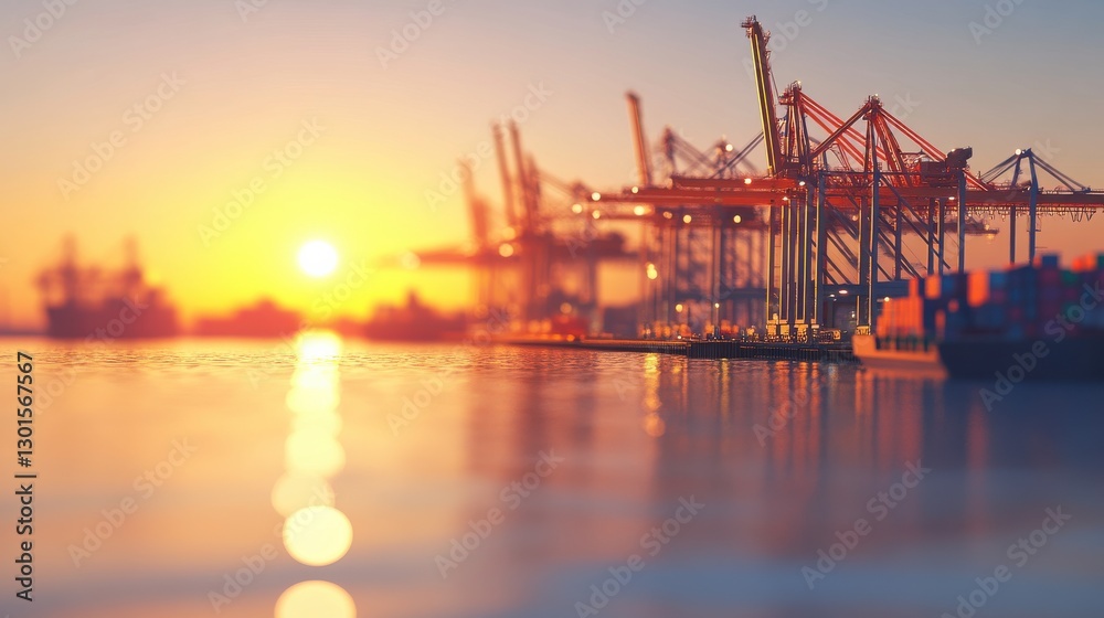 Obraz premium Beautiful Sunset Over Port with Cranes and Cargo Ships in View