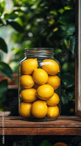 Fresh Lemons Arranged in a Glass Jar Against a Rustic Blue Wooden Background