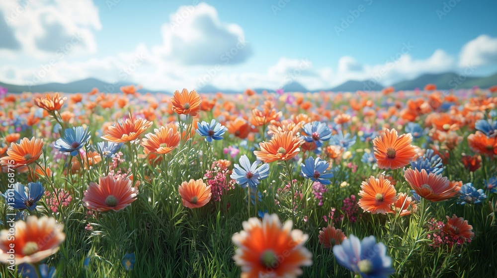 Wildflowers blooming in a meadow under blue sky. Generative ai illustrations Wildflowers blooming in a meadow under blue sky. Generative ai illustrations