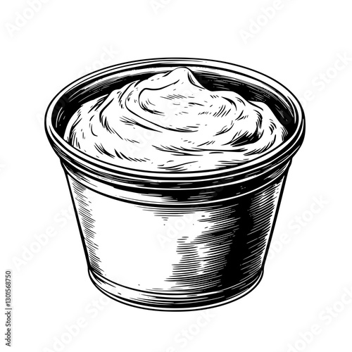 Whipped cream in a cup displayed in an engraved illustration showcasing its texture and volume