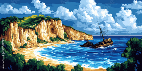 Stunning Coastal Scene with Shipwreck on Sandy Beach Against Rocky Cliffs Under Blue Sky with Fluffy Clouds - Perfect for Desktop Wallpapers and Art Inspirations