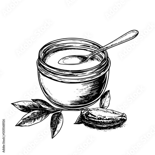 Drawing of a glass jar filled with honey and a spoon resting beside fresh leaves on a white background