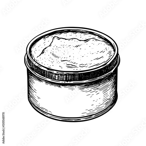 Engraved illustration of a round tin container filled with powdery substance showcasing vintage style and detailed texture