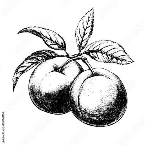 Engraved illustration of two plums with leaves showcasing intricate details and textures in a vector style