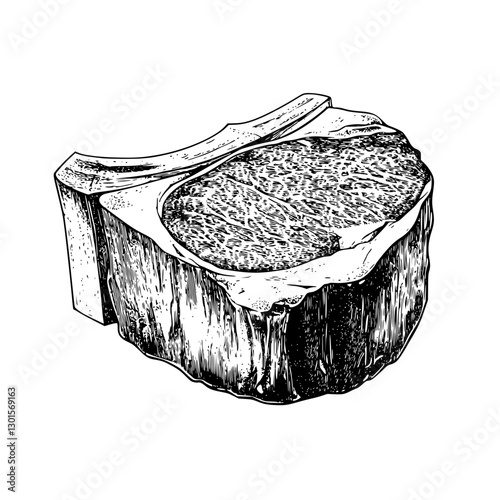 Engraved vector illustration of a ribeye steak showcasing detailed marbling on a wooden cutting board