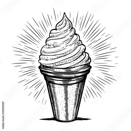 Engraved vintage illustration of a soft serve ice cream cone with decorative burst design