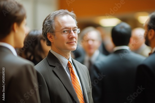 Young Professional in Suit and Glasses Attending Networking Event in a Modern...