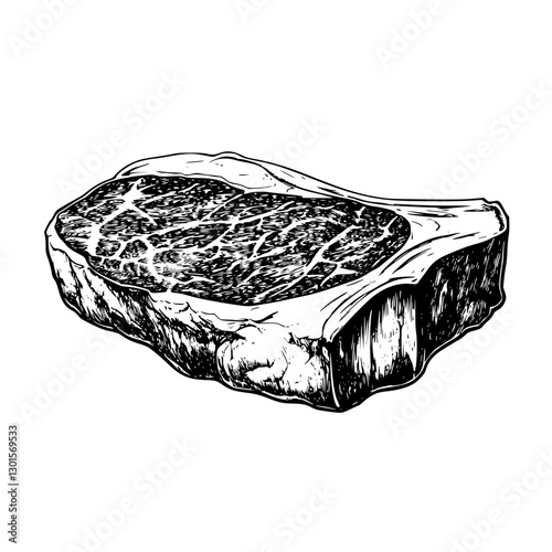 Engraved illustration of a raw steak cut illustrating marbling and texture in a detailed vector format