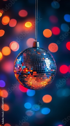 Sparkling Disco Ball Hangs Against Colorful Blurred Lights During Evening Cel...