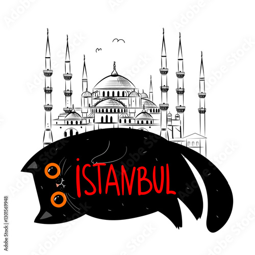 Black Cat in Istanbul illustration, Playful Travel Illustration with Blue Mosque