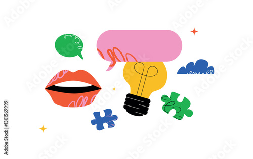 A playful illustration with lips, a light bulb, speech bubbles and puzzle pieces. A bold composition for the design of presentations, social media posts and infographics.