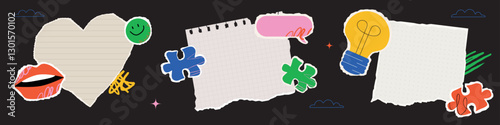 A set of torn sheets of paper for making a notice and memo, decorated with bright doodle elements, puzzles, lips, emojis and a light bulb. Collage design elements.