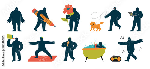 A set of playful rounded characters engaged in various activities. Hand-drawn monsters in various poses and interact with various objects.