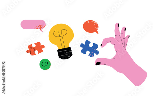 A hand reaching for a piece of the puzzle, surrounded by a light bulb, speech bubbles. The concept of creativity, ideas and problem solving.