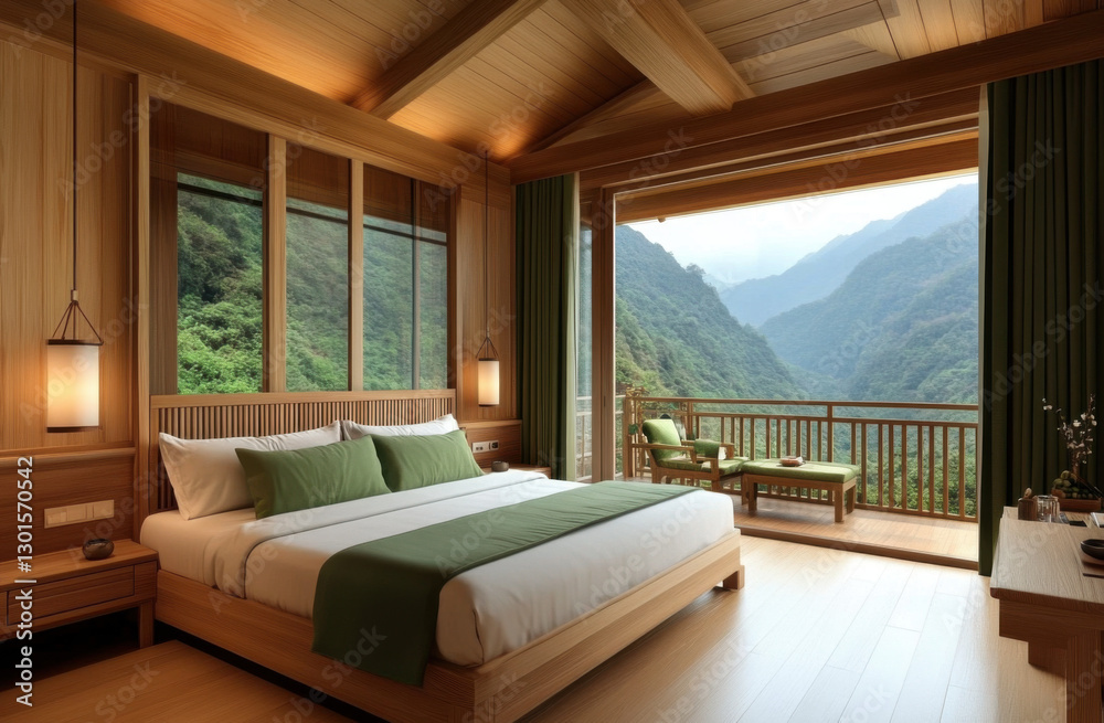 Obraz premium Interior of eco-lodge hotel with forest view. Relaxing ambiance surrounded by nature. Wooden cabin offers sustainable luxury and tranquility. Perfect accommodation for ecotourism in mountains