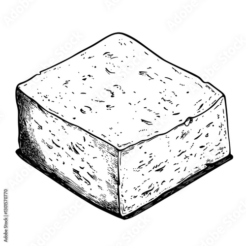 Detailed engraved illustration of a rectangular block of tofu in a simple black and white style on a clean background