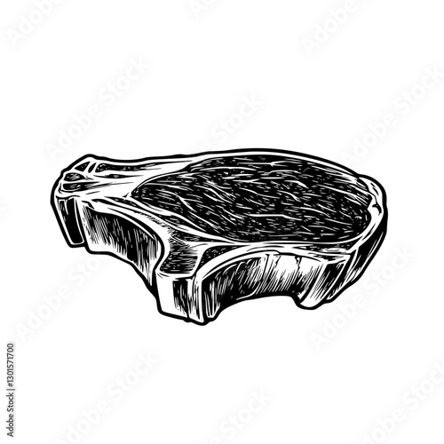 Engraved illustration of a juicy ribeye steak on a wooden cutting board