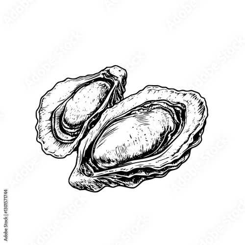 Engraved illustration of two oysters in a natural setting showcasing their shells and inner meat in detailed vector style