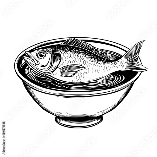 Engraved illustration of a fish in a bowl, showcasing intricate details and capturing culinary essence