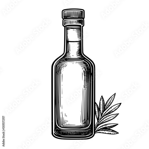 Elegant engraved illustration of an empty bottle with leaves beside it on a white background