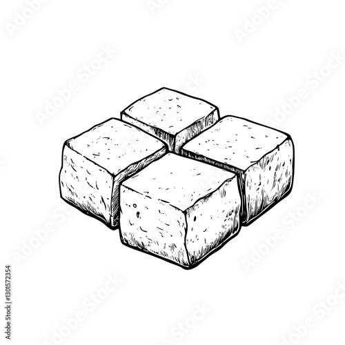 Decorative engraved illustration of four sugar cubes stacked together in a minimalist style