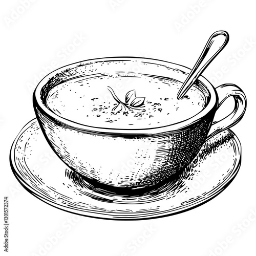 Engraved illustration of a steaming bowl of soup served on a plate with a spoon resting inside
