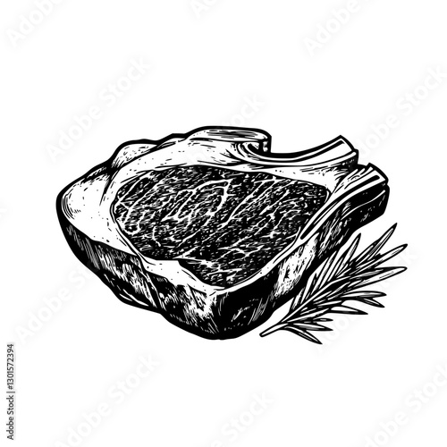 Engraved illustration of a raw meat cut with herb garnish in a rustic style