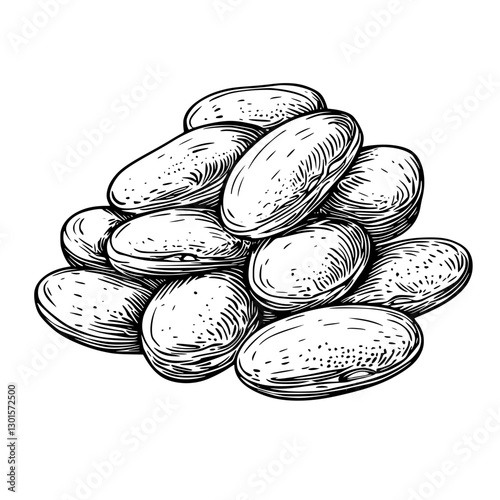 Engraved illustration of assorted dried beans piled up, showcasing texture and shape in a vector format