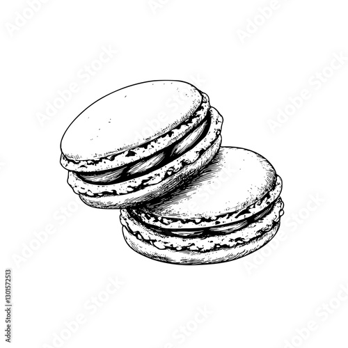 Engraved illustration of two macaron pastries stacked on top of each other in a classic vector style