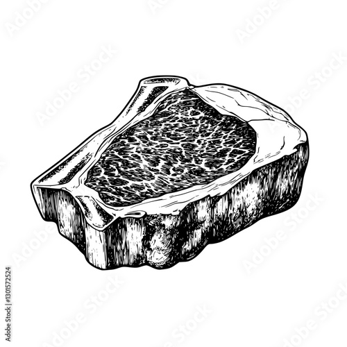 Engraved illustration of a beef steak with marbling detail, showcasing the texture and cut