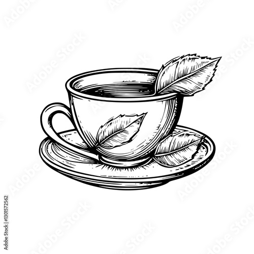 Engraved illustration of a cup with leaves on a saucer showcasing a calming drink in a minimalist design