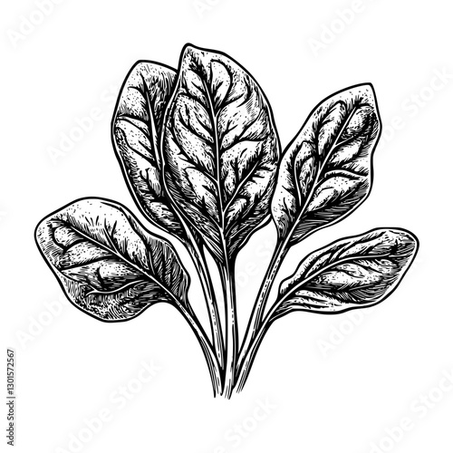 Fresh spinach leaves illustrated in detailed engraving style showcasing their texture and natural beauty