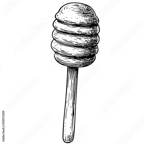 Engraved vector illustration of a honey dipper with a wooden handle and a round, textured design for honey drizzling