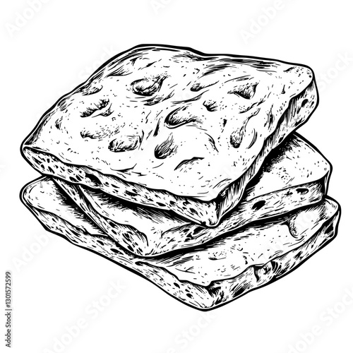 Three stacked pieces of bread with a detailed engraved design showcasing texture and shape