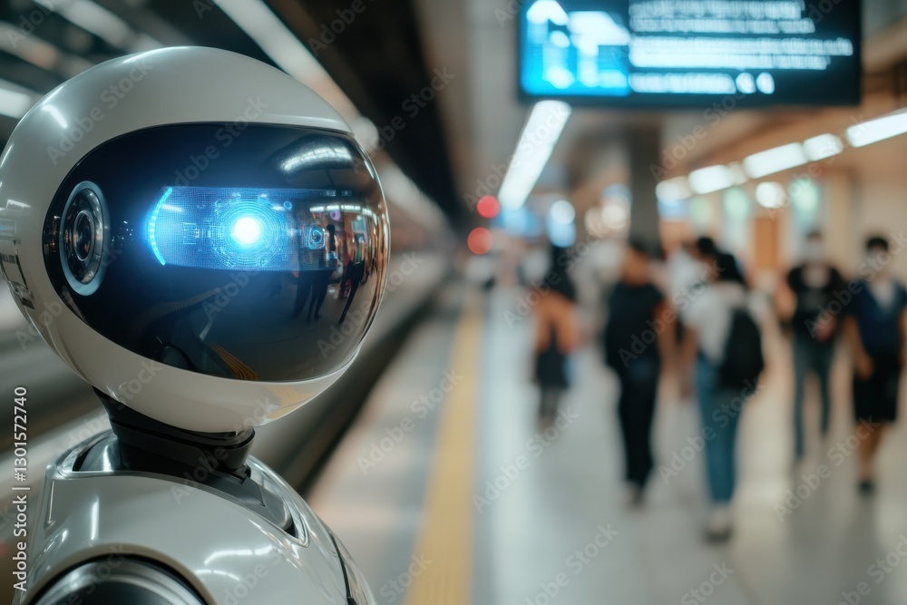A futuristic robot stands at a bustling train station, with a blue light glowing from its visor, embodying the integration of technology in public transportation systems. A futuristic robot stands at a bustling train station, with a blue light glowing from its visor, embodying the integration of technology in public transportation systems.