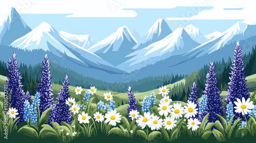 Majestic Mountain Landscape with Snowy Peaks, Vibrant Wildflowers, Green Meadows, and Serene Blue Sky - Perfect Nature Scene for Desktop Backgrounds