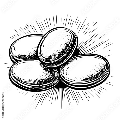 Engraved illustration featuring four stacked shiny stones with rays emanating from them