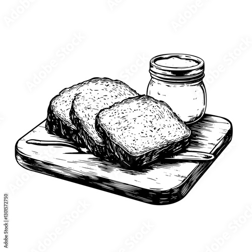 Engraved vector illustration of fresh bread with spread on wooden board