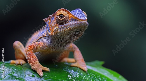Colorful chameleon on leaf in lush forest background photo